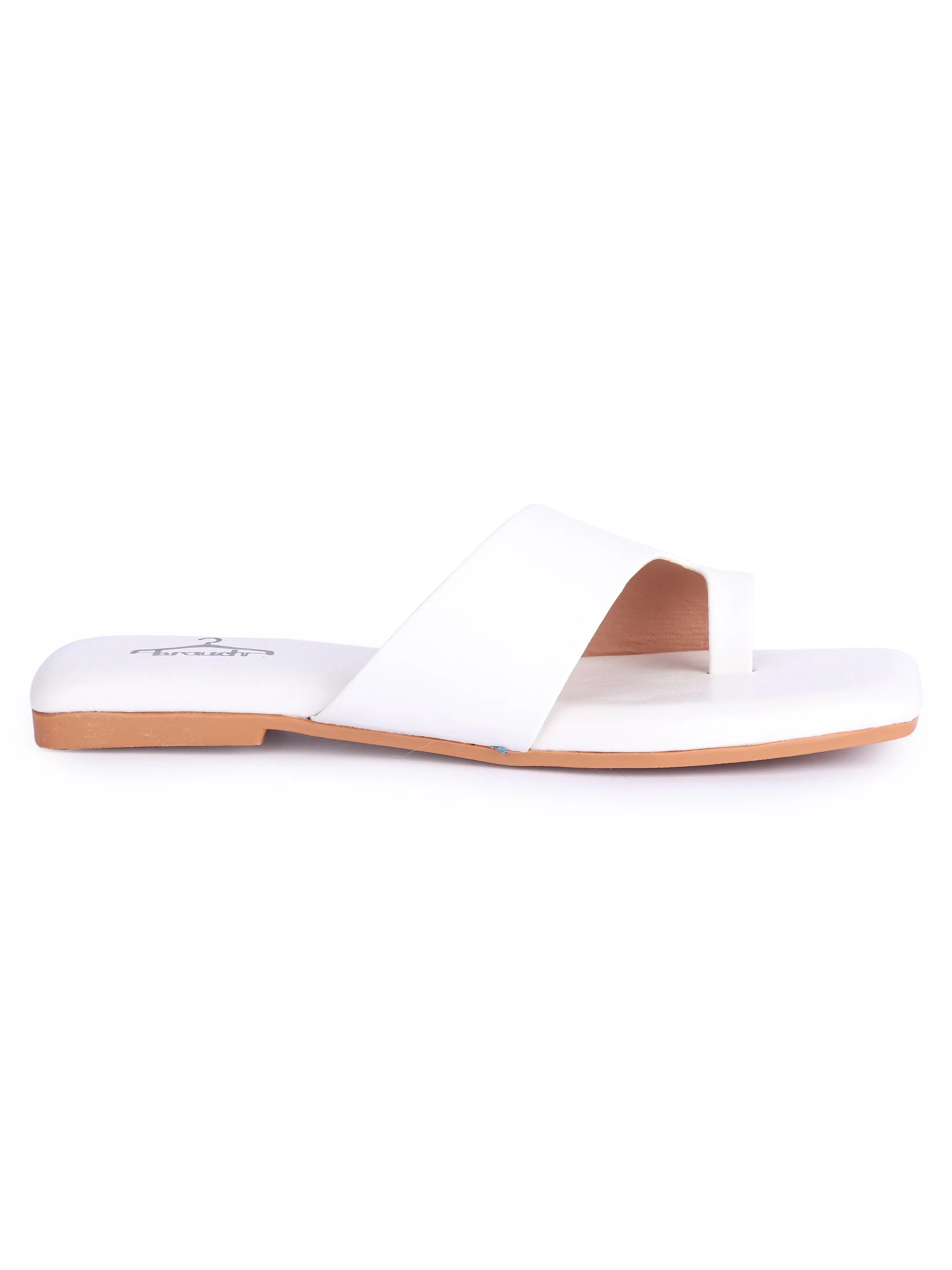 Brauch White Thumb Strap Square Toe Flats