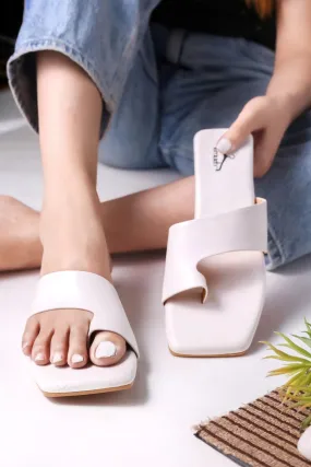 Brauch White Thumb Strap Square Toe Flats
