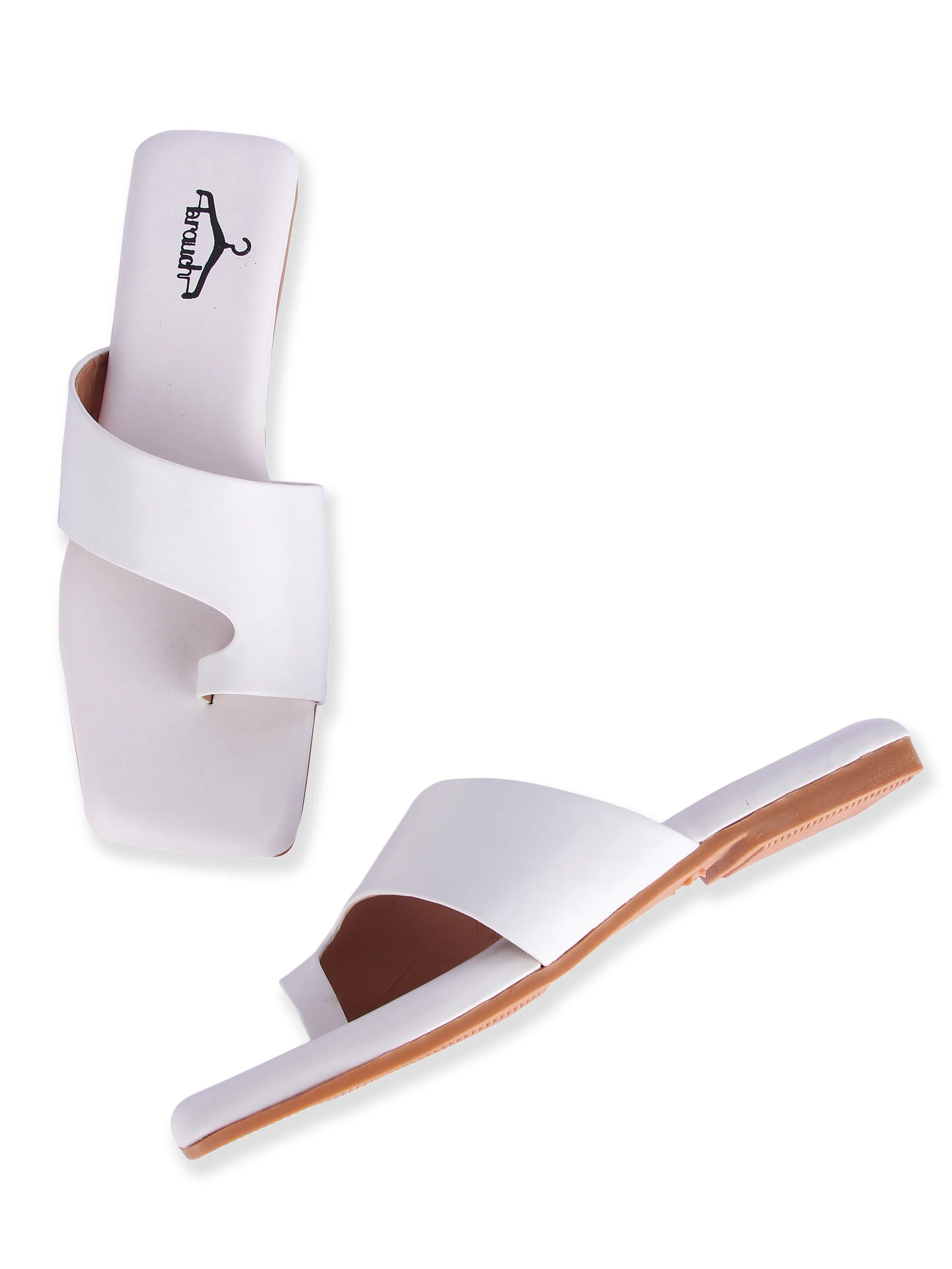 Brauch White Thumb Strap Square Toe Flats