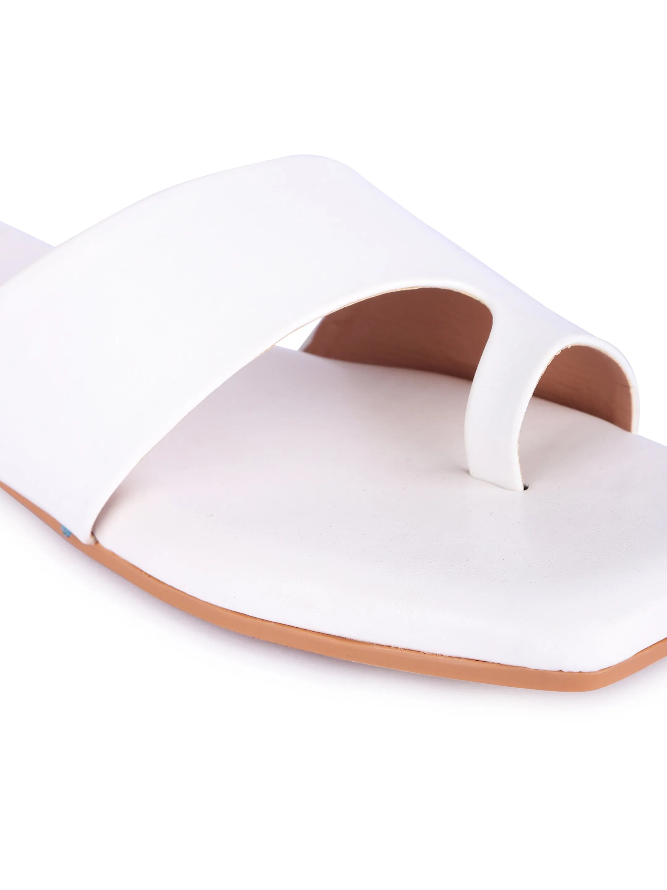 Brauch White Thumb Strap Square Toe Flats