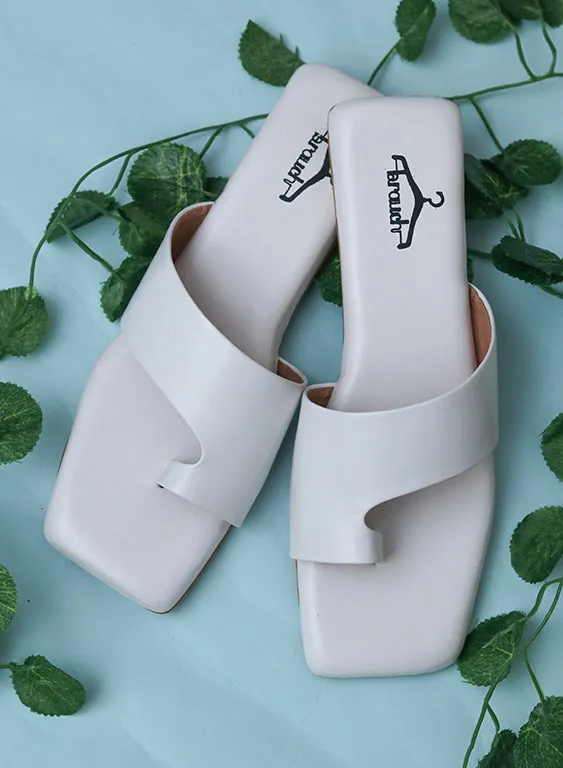 Brauch White Thumb Strap Square Toe Flats