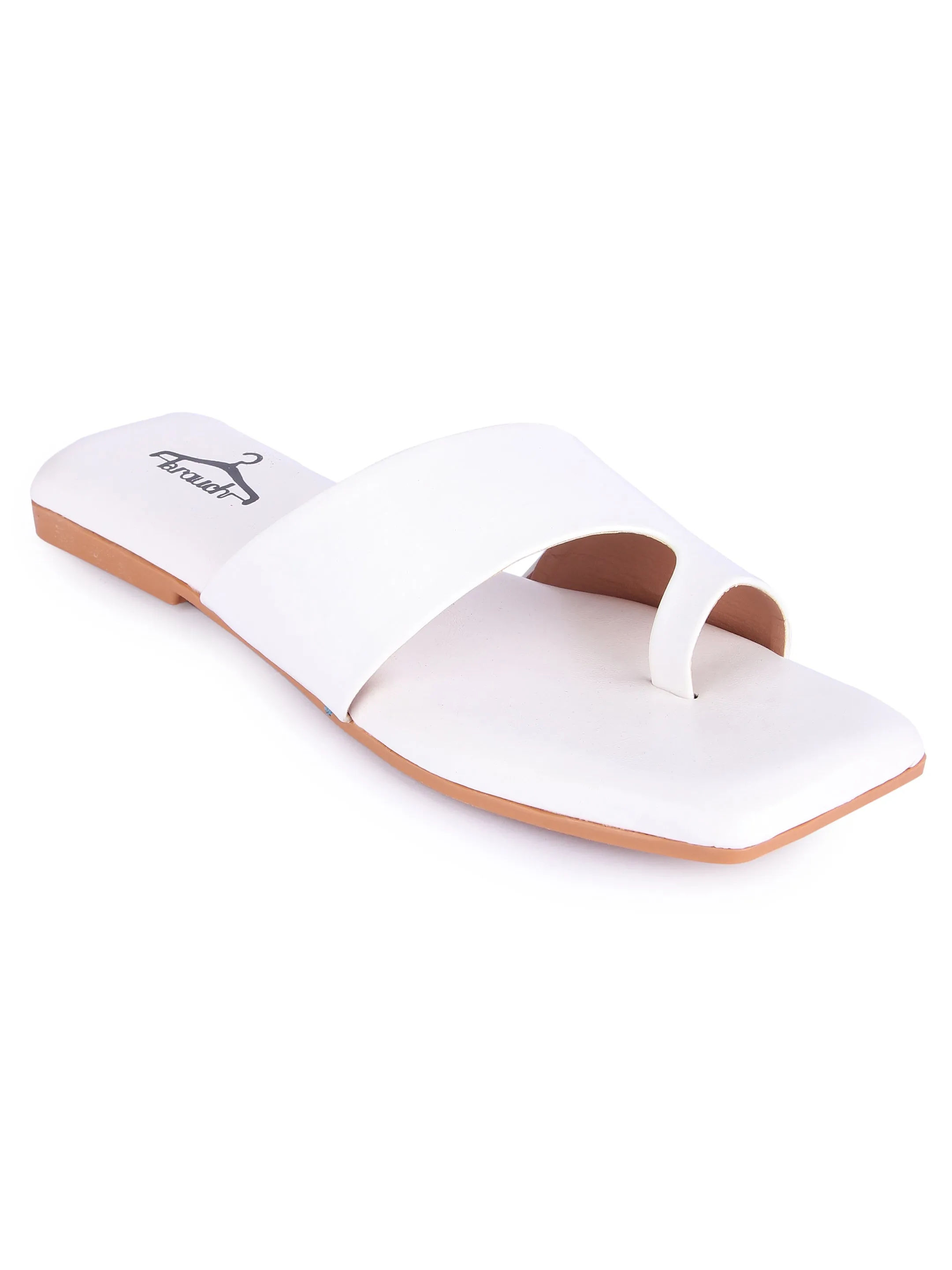 Brauch White Thumb Strap Square Toe Flats
