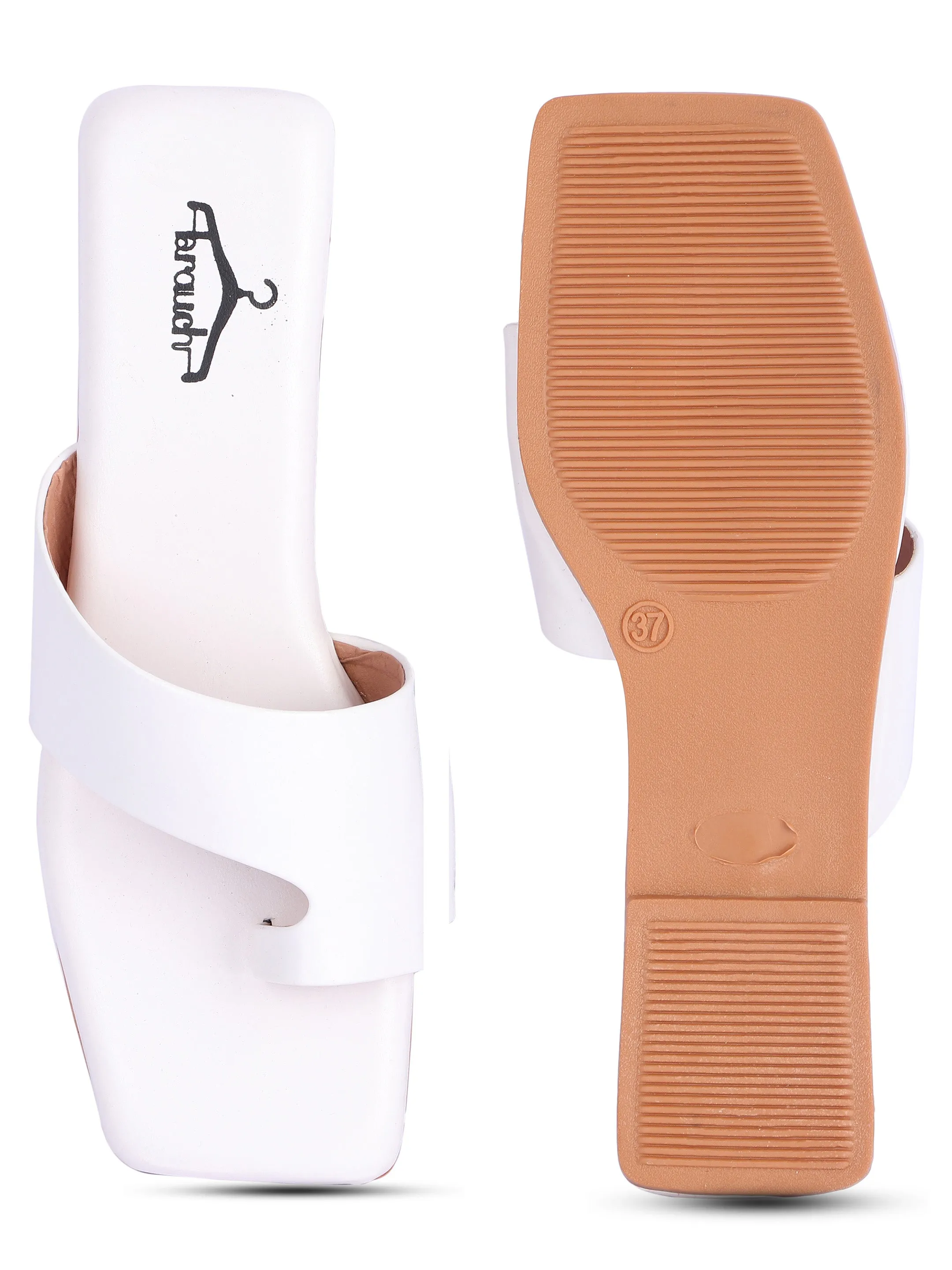 Brauch White Thumb Strap Square Toe Flats