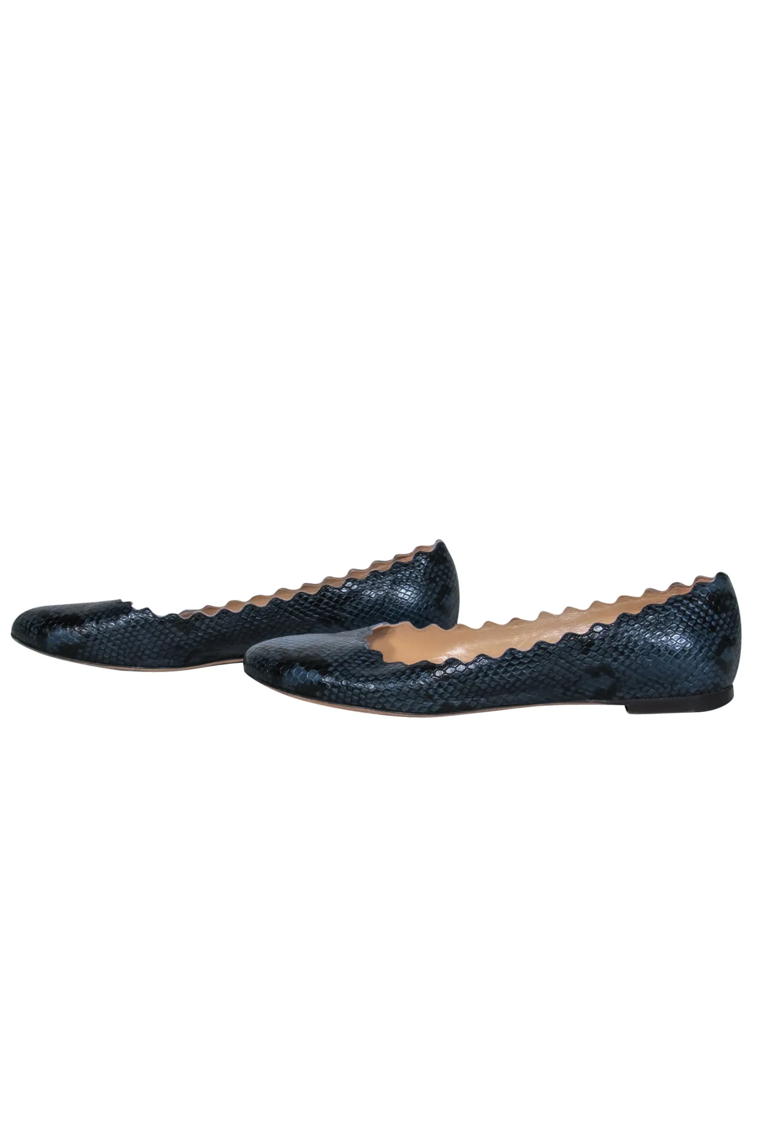 Chloe - Navy Snakeskin Print Textured Scalloped Flats Sz 9.5
