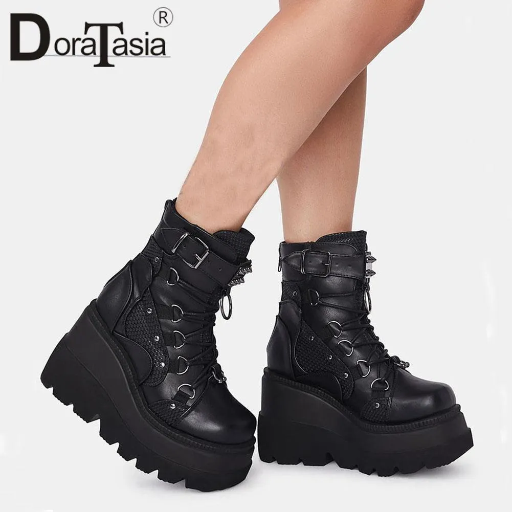 Punk Gothic High Platform Boots, Amazing Lace-Up Mid-Calf Shoes For Women