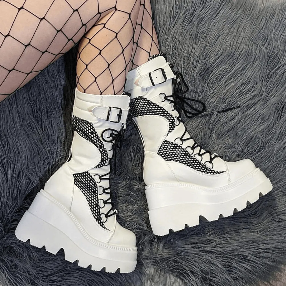 Punk Gothic High Platform Boots, Amazing Lace-Up Mid-Calf Shoes For Women
