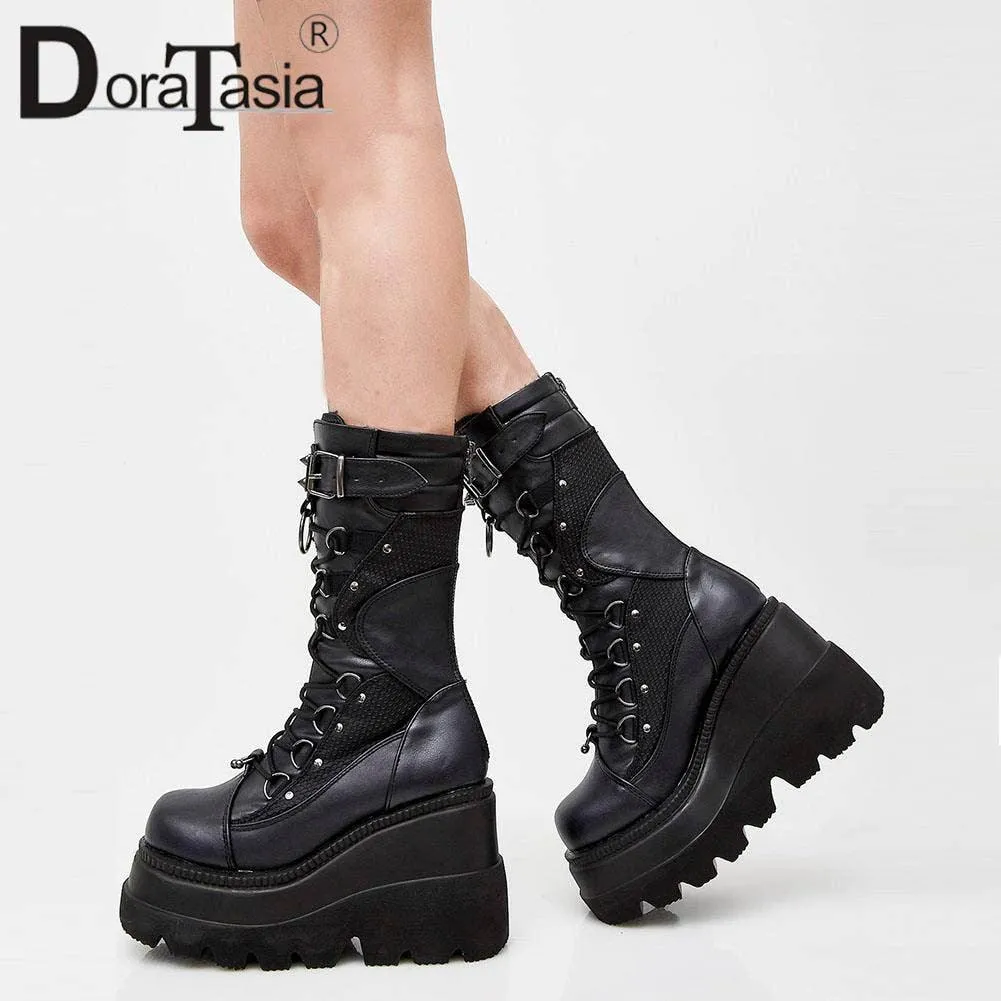 Punk Gothic High Platform Boots, Amazing Lace-Up Mid-Calf Shoes For Women