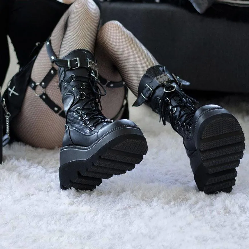 Punk Gothic High Platform Boots, Amazing Lace-Up Mid-Calf Shoes For Women