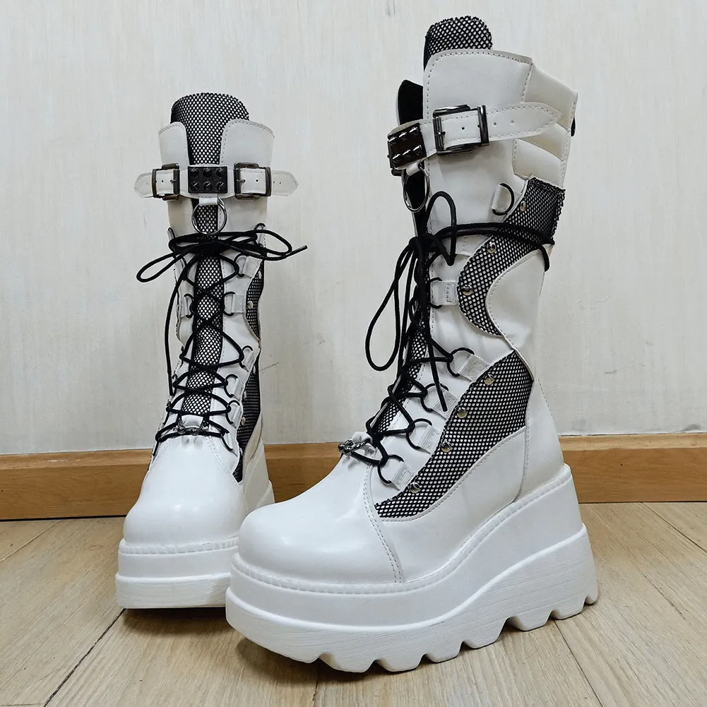 Punk Gothic High Platform Boots, Amazing Lace-Up Mid-Calf Shoes For Women