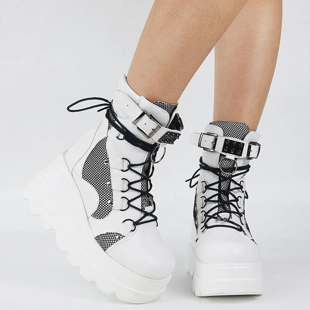 Punk Gothic High Platform Boots, Amazing Lace-Up Mid-Calf Shoes For Women