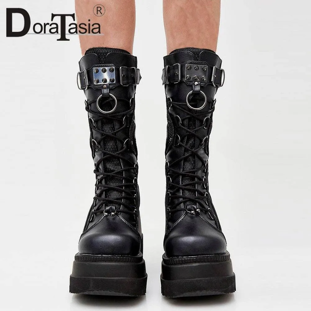 Punk Gothic High Platform Boots, Amazing Lace-Up Mid-Calf Shoes For Women