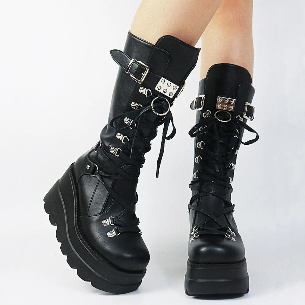 Punk Gothic High Platform Boots, Amazing Lace-Up Mid-Calf Shoes For Women