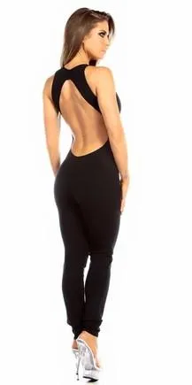 Sexy Shred Stretch Supportive Cut Out Back Work Out Catsuit - Black