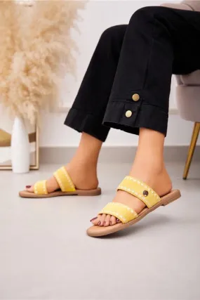 YELLOW DOUBLE STRAP FLAT SLIP ON SLIDE SANDALS